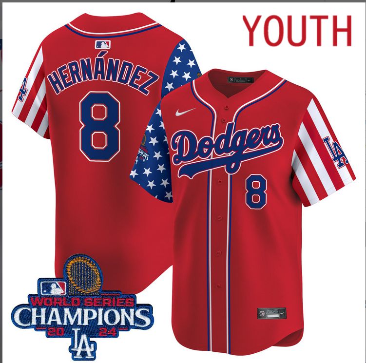 Youth MLB Los Angeles Dodgers #8 Hernandez American Style red 2024 World Series Champions  Limited Jersey